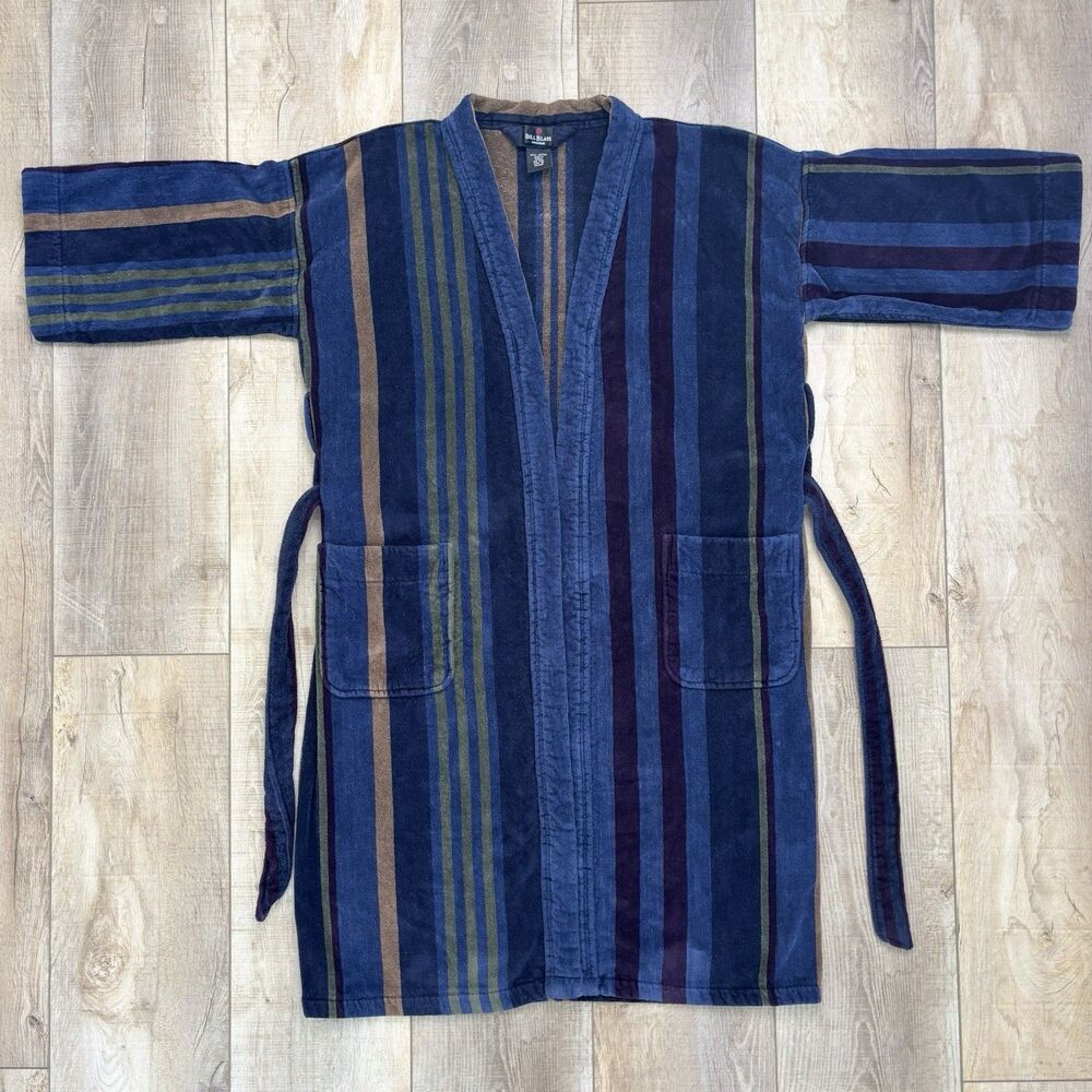 Vtg Bill Blass Men Striped Terry Cloth Bath Robe 100% Cotton Heavy One Size Blue